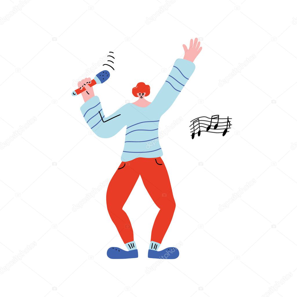 Happy guy singing isolated on white background. Singer standing with mike. Cute male character having fun with microphone. Vector illustartion.