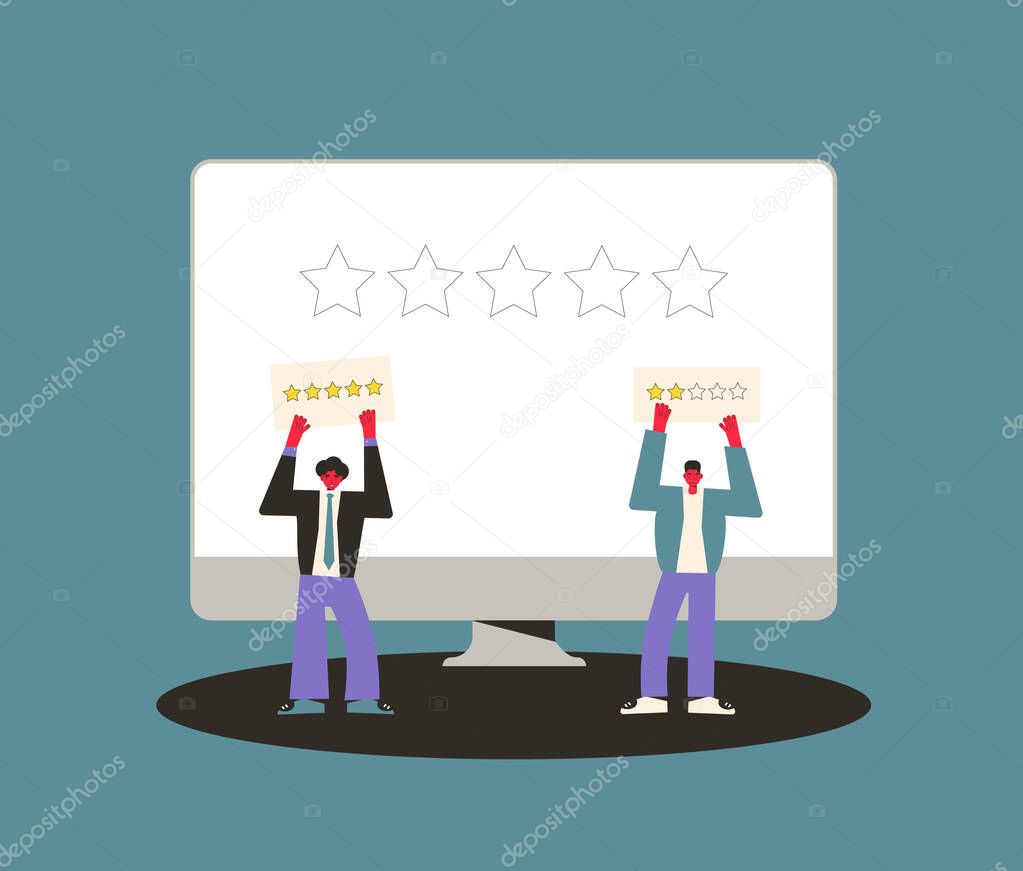 Feedback concept. Client review. People holding plackards with gold stars in their hands. Service rating. Satisfaction level. Consumer product ranking. Vector flat illustration.