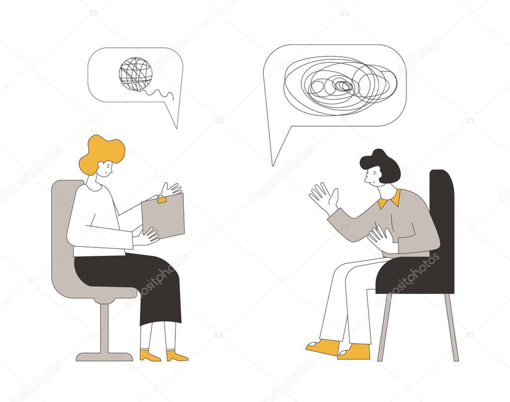 Online counseling. Psychologist having internet therapy session with stressed patient.  Couch listening sad man. Vecotor flat illustration.
