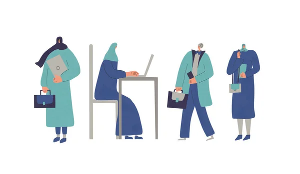 Мусульманські Жінки Герої Бізнесу Ізольовані Білому Тлі Flat Cartoon Vector — стоковий вектор