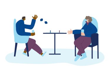 Masa oyunları konsepti. Sandalyede oturan ve masa oyunu oynayan erkekler. Arkadaşlar birlikte vakit geçiriyorlar. Çiftler için kalma fikri. İki adam telefonlarını tutuyor. Vektör düz resimleme.