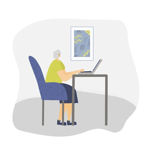 成熟的人坐在笔记本电脑前工作 年长的女自由职业者在她的房间里工作 老太太在网上浏览 矢量平面插图 — 图库矢量图片