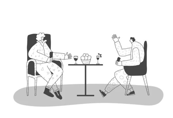 いくつかのワインを持っている椅子に座って人生について話している2人の大人の人 友人たちは再び叔母で一緒に時間を過ごす 夫婦は自由な時間を楽しんでいる ベクトル平図 — ストックベクタ