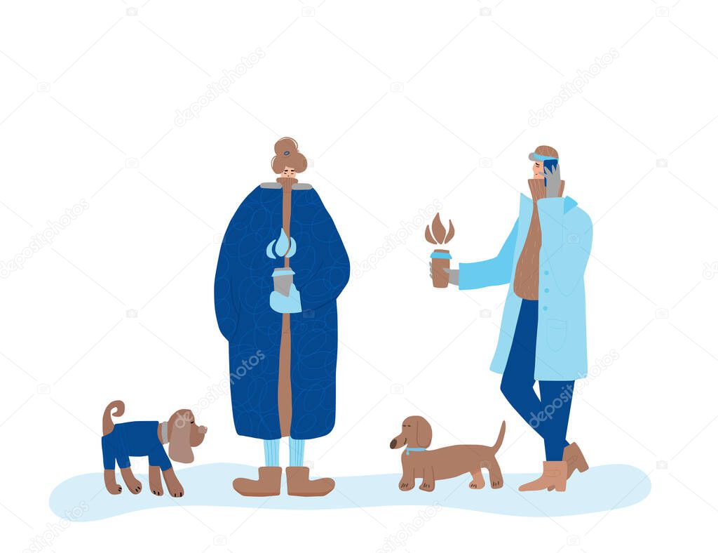 Winter dog walking. Two cute characters dressed in warm trendy clothes standing together, holding a cup of coffee in their hands. Friends and their pets outdoor. Vector color flat illustration.