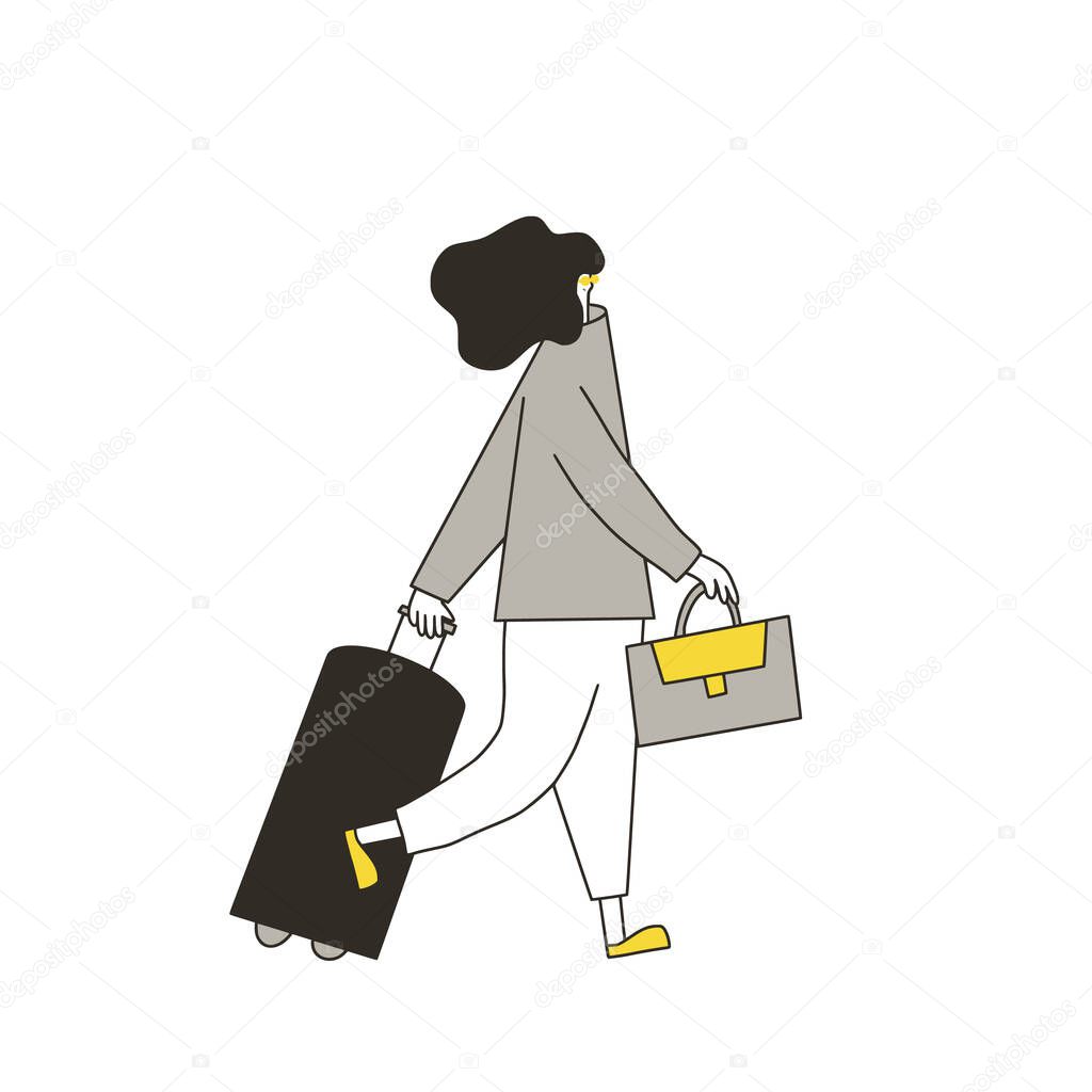 Female traveler going to her flight with luggage. Bleisure concept. Vector  flat person with suitecase.