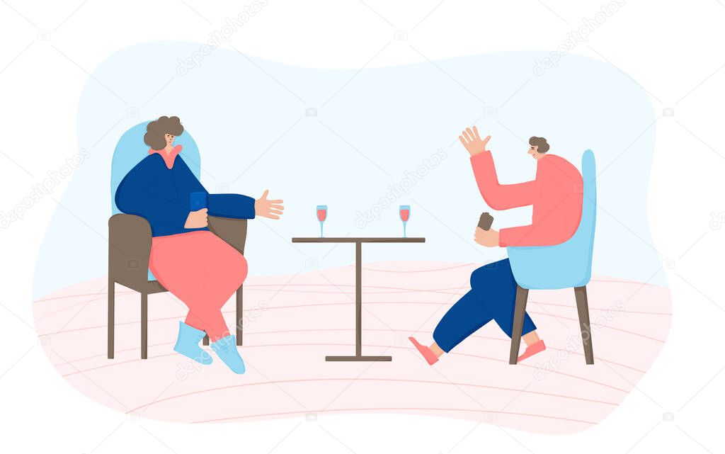 Date concept. Two adult persons sitting in the chair and having small talk. Friends spending time together at home with wine. Couple enjoying their free time. Vector flat illustration.