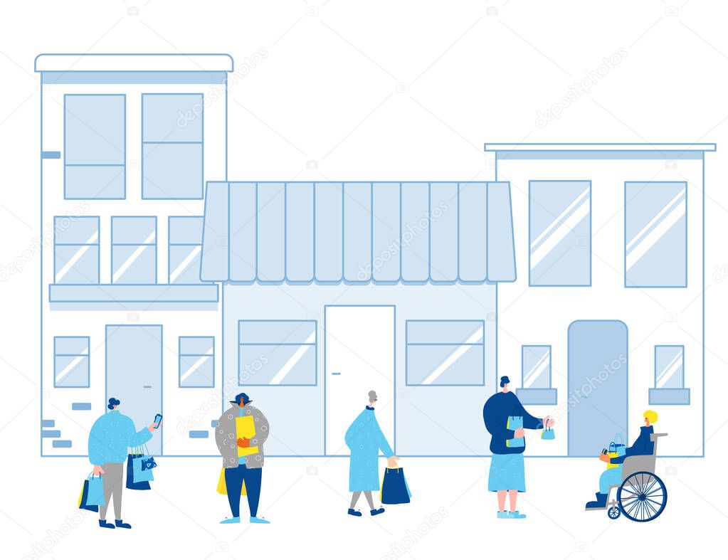 Different characters with shopping bags hurrying to store for a sale. People walking in the street. Citizens dressed in casual trendy clothes goint to buy a gifts. Vector line art illustration.