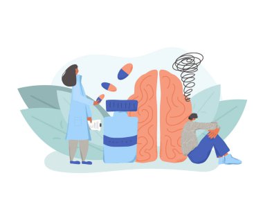 Zihinsel bozukluk tedavisi. Psikiyatrik ya da psikolojik problemler. Psikoterapist ve morali bozuk bir hasta. Vektör düz çizgi film illüstrasyonu.