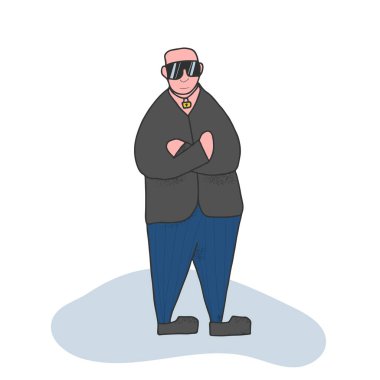 Güvenlik görevlisi kolları bağlı duruyor. Gardiyan üniforması giyen ve beyaz arka planda güneş gözlüğü takan bir adam. Vektör illüstrasyonu. 