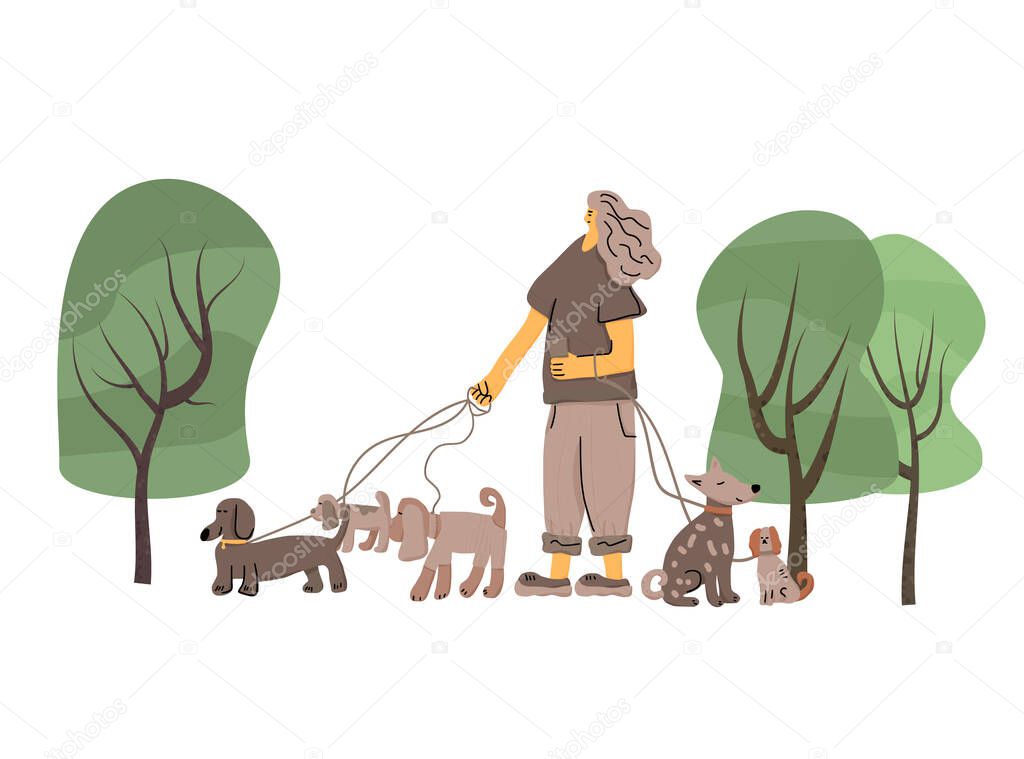 Dog walking service.  Cute girl standing with different pets. Young person keeps the dogs on the leashes. Vector illustration.