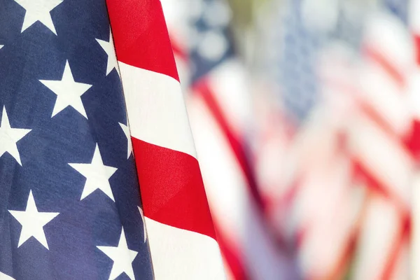 Arka Arkaya Bir Amerikan Bayrağı Yaklaşıyor Arkaplanda Bayraklar — Stok fotoğraf
