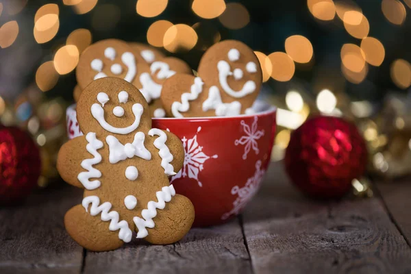 Gingerbread Cookie Red Holiday Bowl Wooden Table Christmas Ornaments Golden — Stock Photo, Image