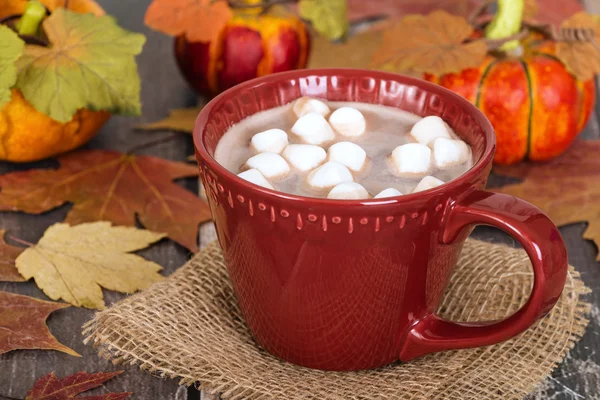 Chocolat chaud et guimauves avec fond d'automne rustique — Photo