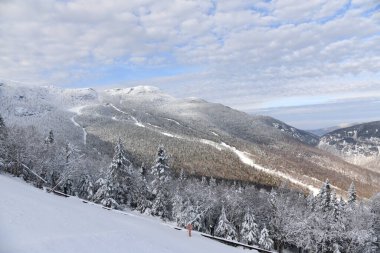 Vermont 'taki Stowe Kayak Tesisi, Mansfield dağ yamaçlarına manzara, VT' nin erken sezonunda ağaçlarda taze kar, panoramik yüksek çözünürlüklü görüntü