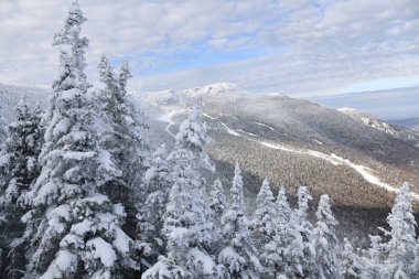 Vermont 'taki Stowe Kayak Tesisi, Mansfield dağ yamaçlarına manzara, VT' nin erken sezonunda ağaçlarda taze kar, panoramik yüksek çözünürlüklü görüntü