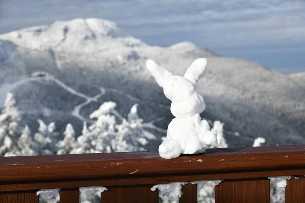 Ski bunny snow sculpture at Stowe Ski Resort in Vermont, view to the Mansfield mountain slopes, December fresh snow on trees early season in VT, panoramic hi-resolution image