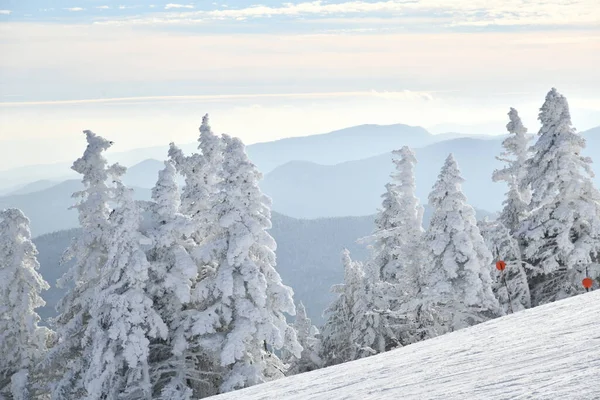 Vista Panorâmica Para Pistas Esqui Com Neve Fresca Deck Observação — Fotografia de Stock