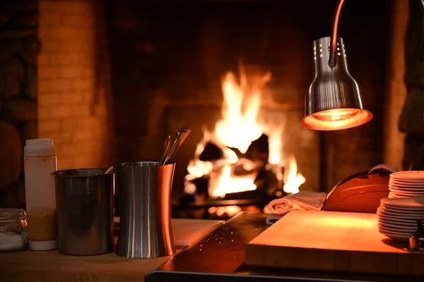 Whistlepig Restaurant Skigebiet Stowe Vermont Warmes Licht Mit Kamin Hochauflösendes — Stockfoto