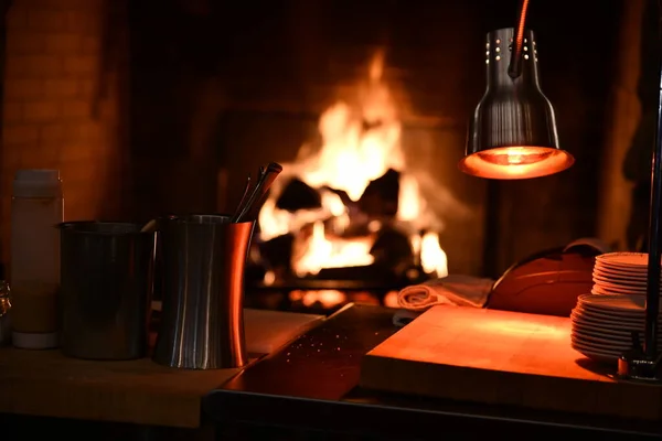 Whistlepig Restaurant Skigebiet Stowe Vermont Warmes Licht Mit Kamin Hochauflösendes — Stockfoto