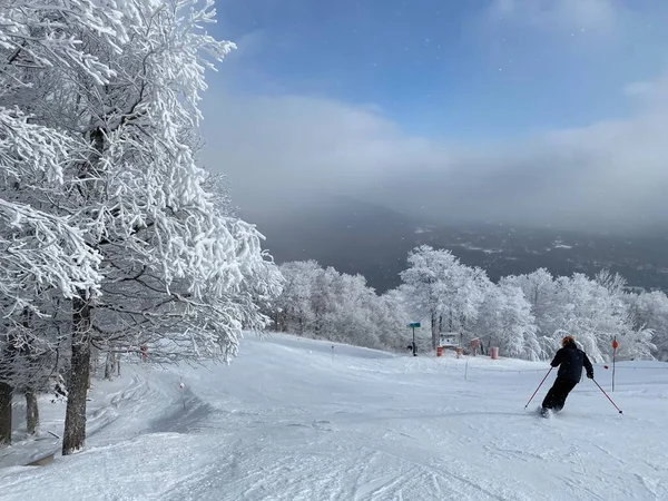 观看12月初在斯托山度假胜地Vt的滑雪场 那里有许多新鲜的粉末雪 — 图库照片