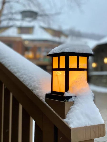 Warm Light Lamp Fresh Snow Stowe Mountain Resort Spruce Peak — Stock Photo, Image