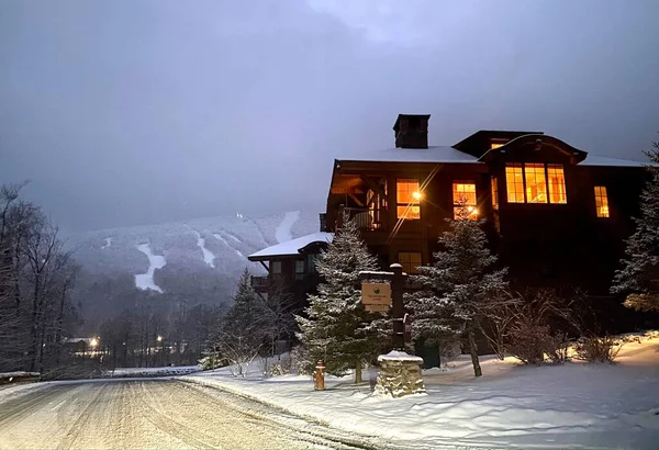 Warm Light Ski House Windows Stowe Mountain Resort Spruce Peak — Stock Photo, Image