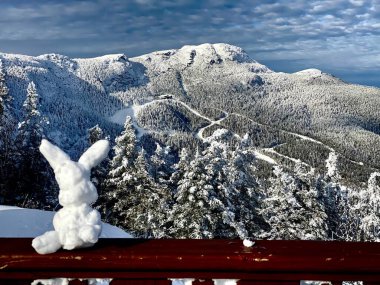 Kar tavşanı heykeli güzel güneşli bir günde mavi gökyüzü ve beyaz bulutlar ile Stowe Dağı Kayak merkezi Vermont 'ta - Aralık 2020