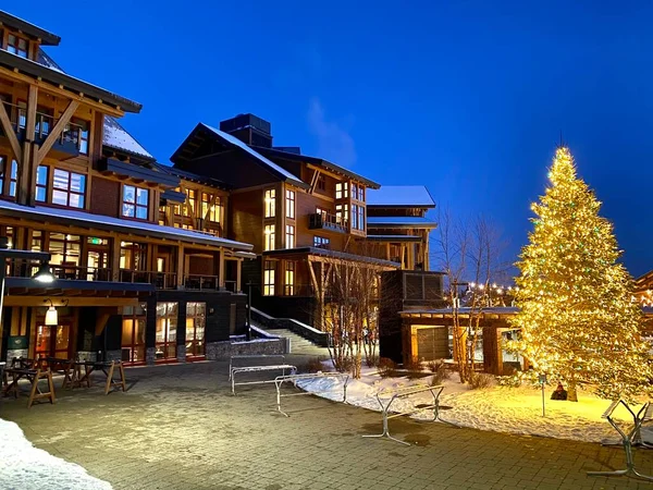 Erleuchteter Weihnachtsbaum Leerstehenden Stowe Mountain Resort Spruce Peak Village Abend — Stockfoto