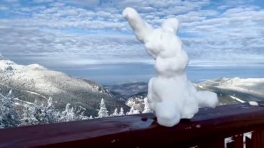 Kar heykeli Bunny ve Stowe dağ kayak merkezinin güneşli bir günde çekilmiş panoramik videosu ve taze kar, Doğu Geçidi ile birlikte Doğu maliyeti en yüksek kayak merkezi Stowe 'da kayak - Aralık, Vermont, ABD 
