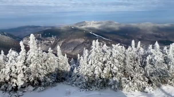 美国佛蒙特州的斯托山滑雪胜地的全景录像 12月 阳光明媚的日子里 斯托山滑雪胜地的全景 以及雪景新鲜的雪景 埃皮克滑雪通过美国东部成本最高的滑雪胜地斯托 — 图库视频影像