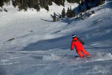 Kırsal bölgede kayak yapan parlak kırmızı takım elbiseli bir adam. Aşırı kış sporları. Breckenridge, Colorado İmparatorluk kase bölgesinde.