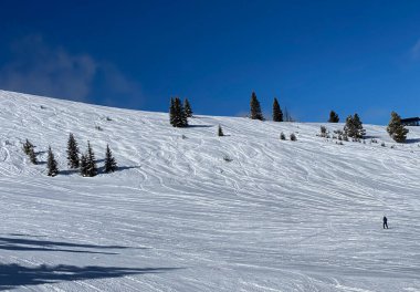 Vail Kayak Merkezi 'ndeki güzel güneşli bir günde ilk kayak pisti.