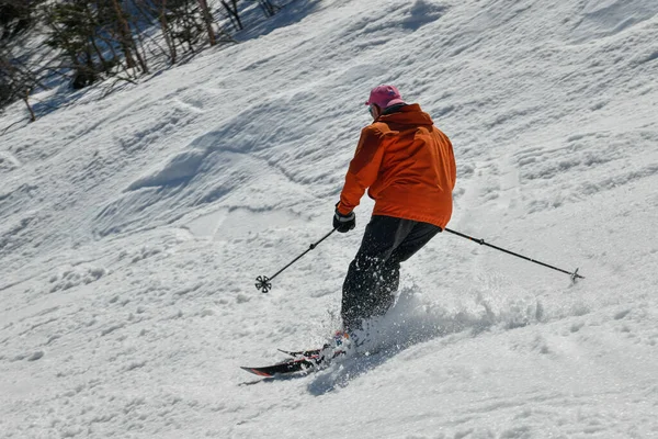 Freerider Orange Jacka Sett Bakifrån Gör Sväng Stowe Mountain Resort — Stockfoto