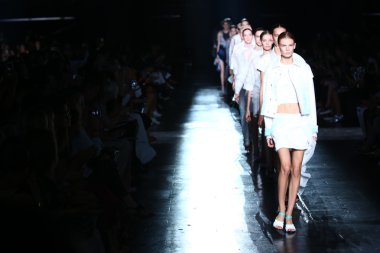 Models walk the runway finale at the Prabal Gurung fashion show