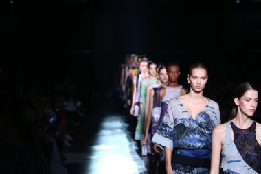 Models walk the runway finale at the Prabal Gurung fashion show