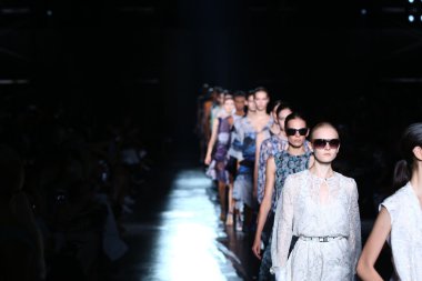 Models walk the runway finale at the Prabal Gurung fashion show