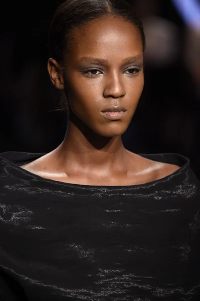 Model loopt de start-en landingsbaan op donna karan new york show — Stockfoto