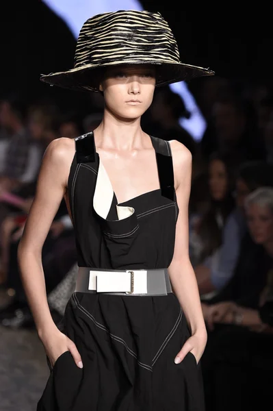 Model loopt de start-en landingsbaan op donna karan new york show — Stockfoto