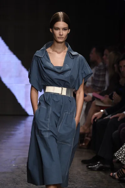 Model loopt de start-en landingsbaan op donna karan new york show — Stockfoto