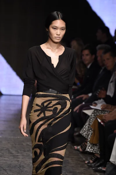 Model loopt de start-en landingsbaan op donna karan new york show — Stockfoto