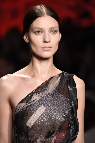 Model loopt de start-en landingsbaan op donna karan new york show — Stockfoto