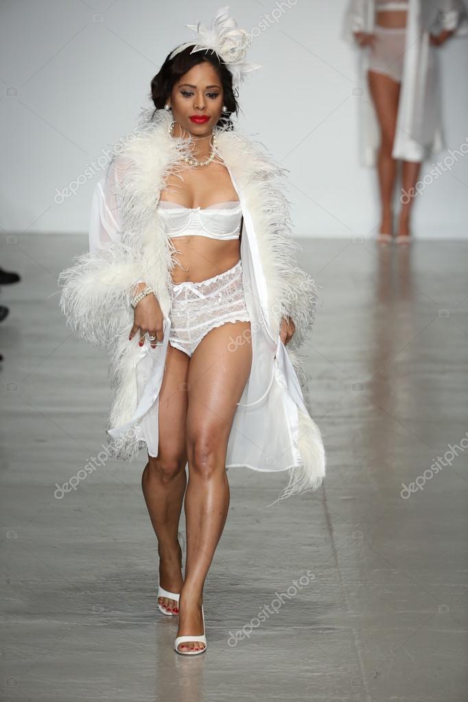 NEW YORK, NY - OCTOBER 24: A Model Walks Runway Wearing Secrets In Lace  Lingerie Spring 2015 Collection At The Center 548 On October 24, 2014 In  New York City. Stock Photo