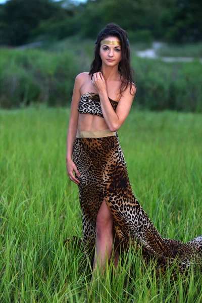 Model wearing animal print dress — Stock Photo, Image