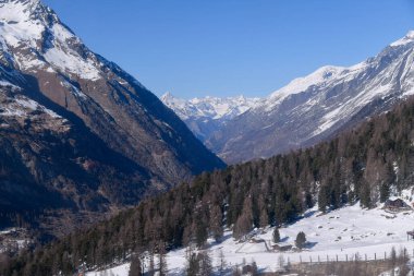 Yüksek dağlar ve yemyeşil ormanlarla çevrili karlı bir dağ vadisinin güzel kış manzarası. Açık mavi gökyüzü, parlak güneş ışığı ve el değmemiş kar huzurlu ve manzaralı bir kış manzarası yaratır..