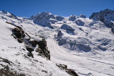 Muazzam karlı bir buzulu, engebeli zirveleri ve berrak mavi gökyüzünün altında derin yarıkları olan dramatik alp manzarası. Kış dağ manzarası ham doğa, buzlu dokular ve yüksek irtifa arazilerini yakalıyor..