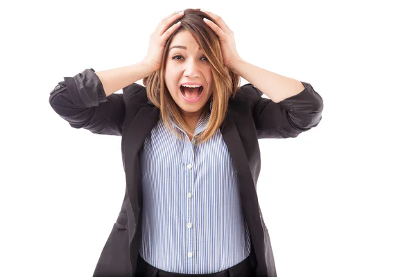 Excited businesswoman screaming — Stock Photo, Image