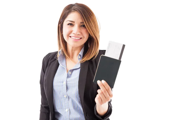 Businesswoman holding a passport — Stock Photo, Image