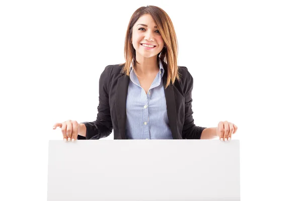 Salesperson holding a big sign — Stock Photo, Image