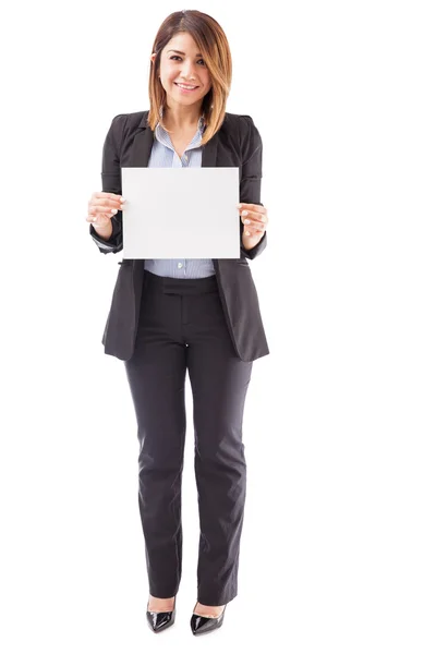 Businesswoman holding sign — Stock Photo, Image