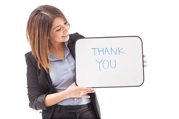 Brunette holding a THANK YOU sign — Stock Photo, Image